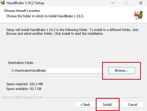 HandBrakeのインストール先を選択します